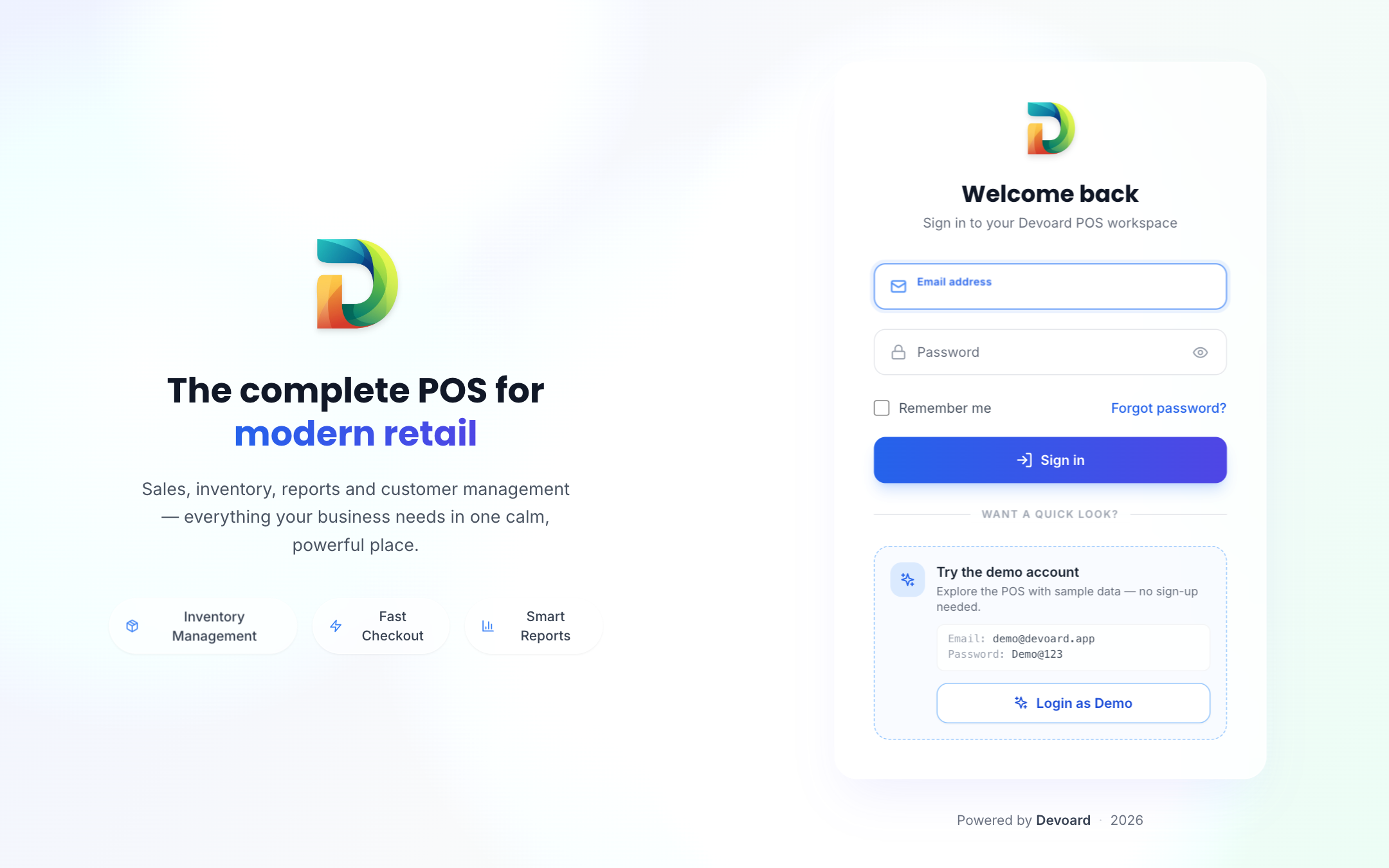 Devoard POS login page with one-click demo access