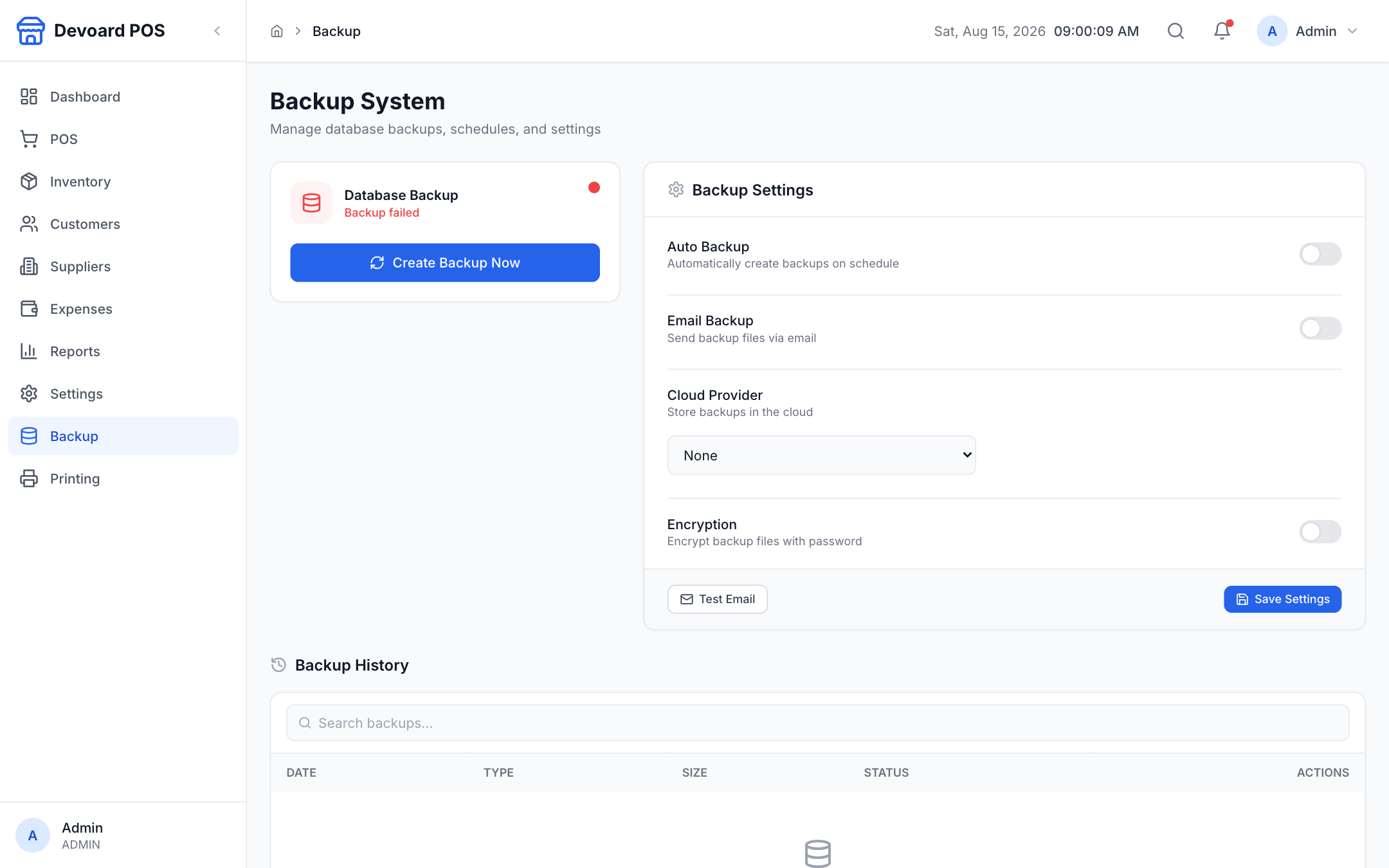 Devoard POS backup center with schedule and history