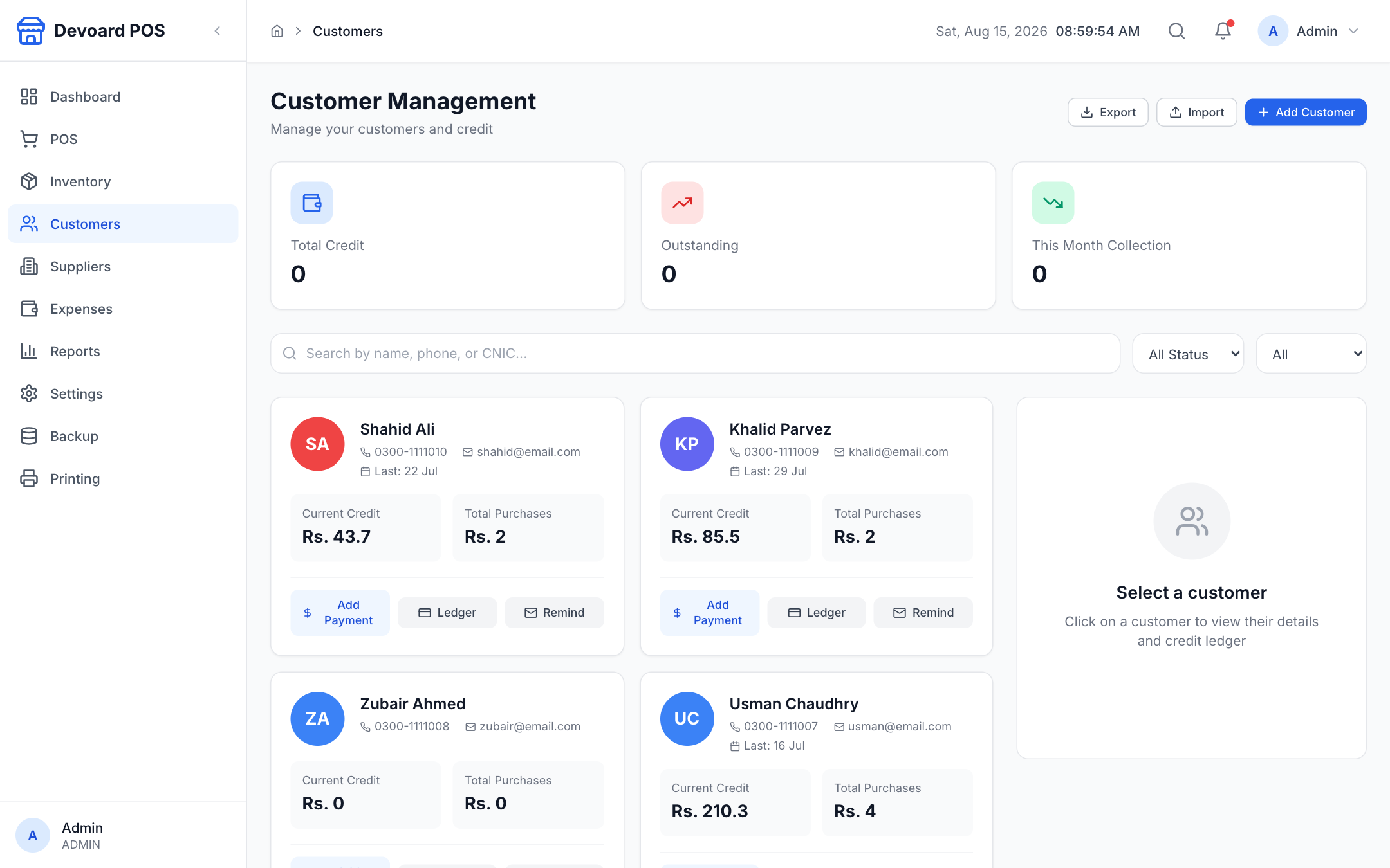 Devoard POS customer directory with credit balances and tiers