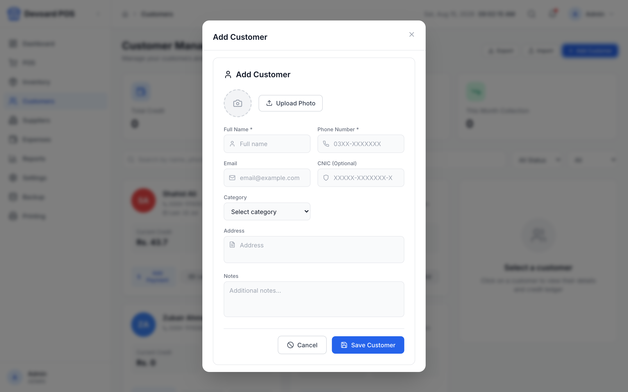 Devoard POS add customer form with credit limit and loyalty settings