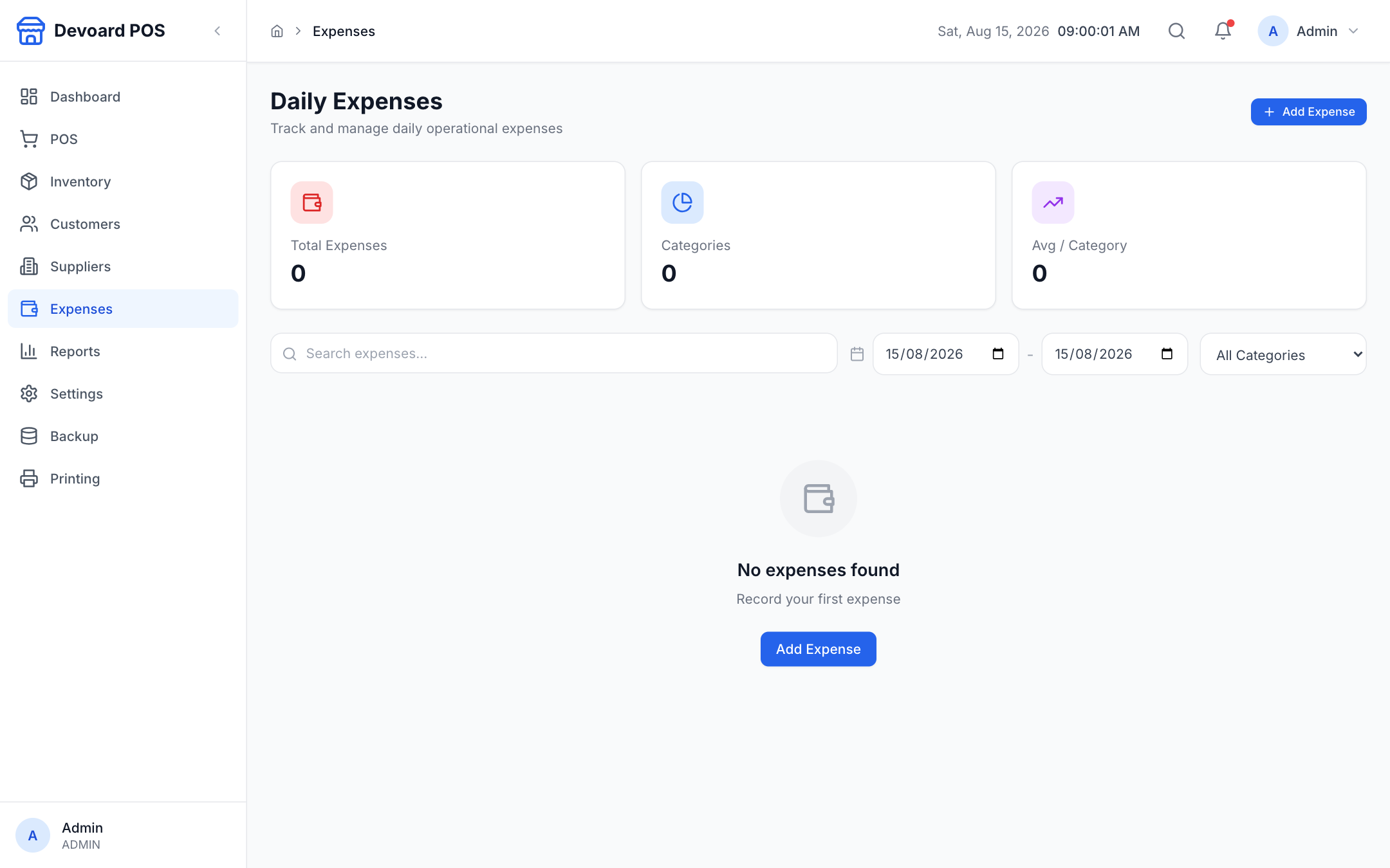 Devoard POS categorized expense log with totals