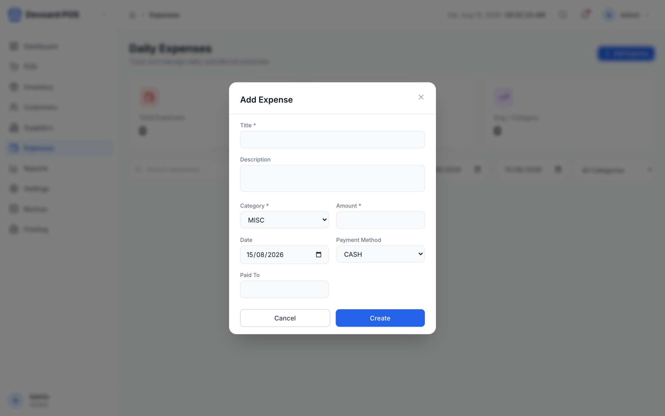 Devoard POS add expense form