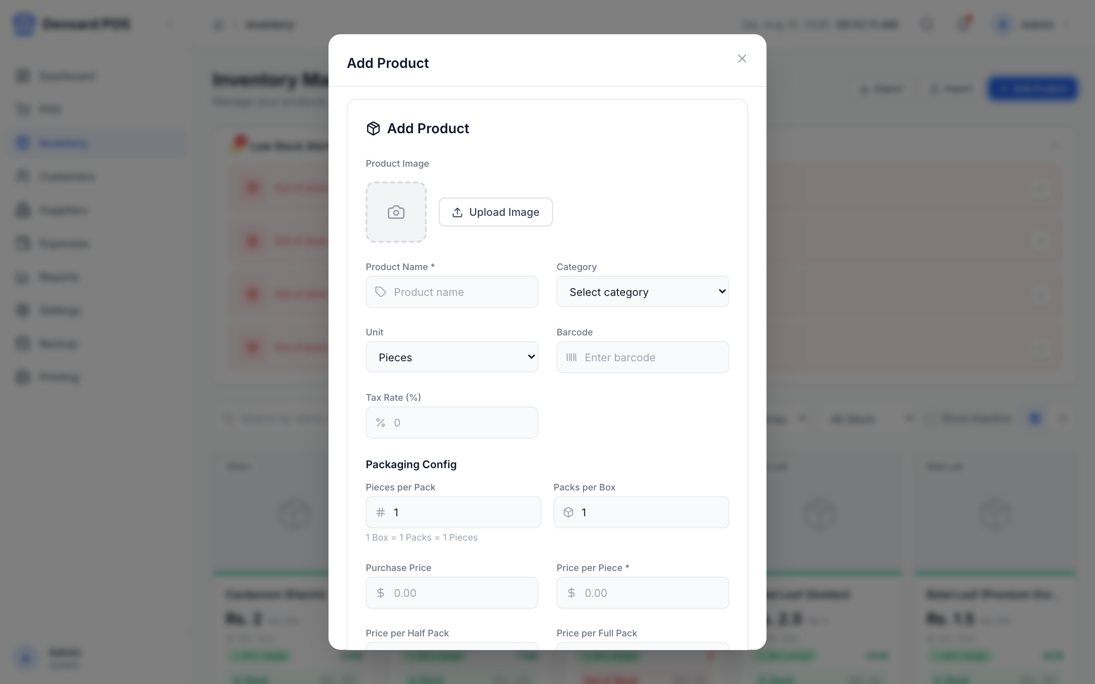Devoard POS add product form with pricing and GST