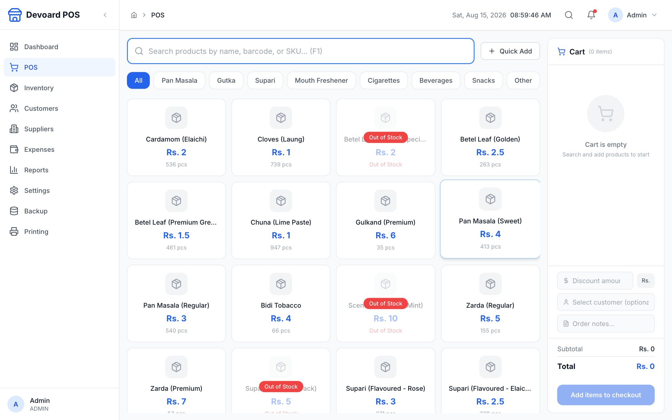 Devoard POS billing interface with product grid and live cart