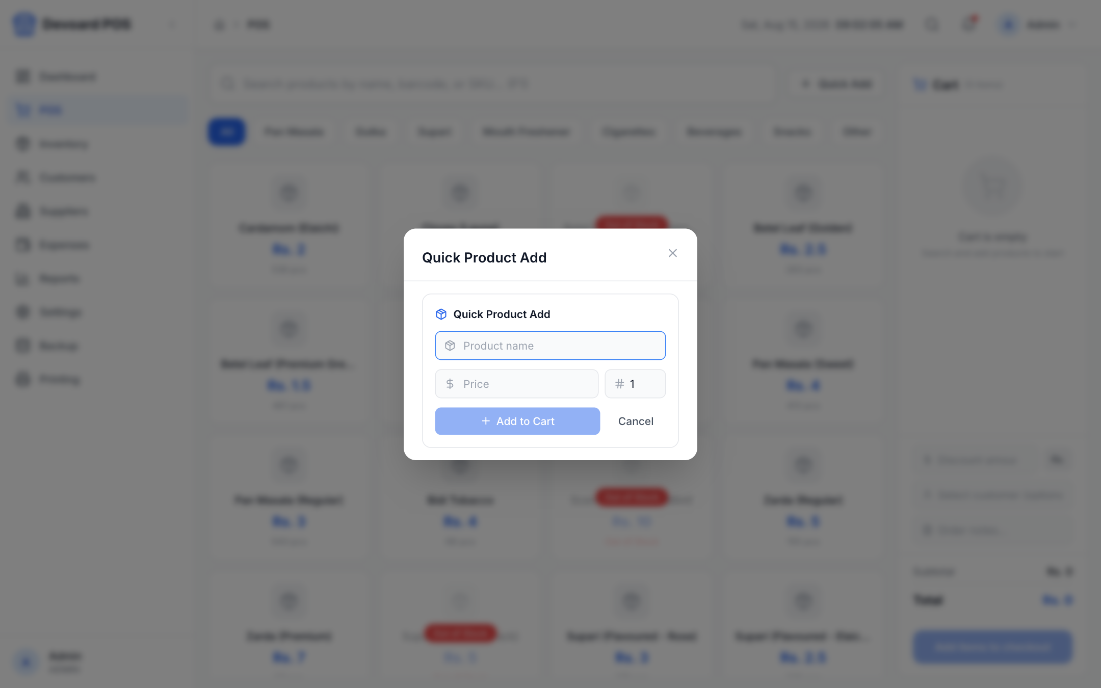 Devoard POS payment modal with multiple payment methods