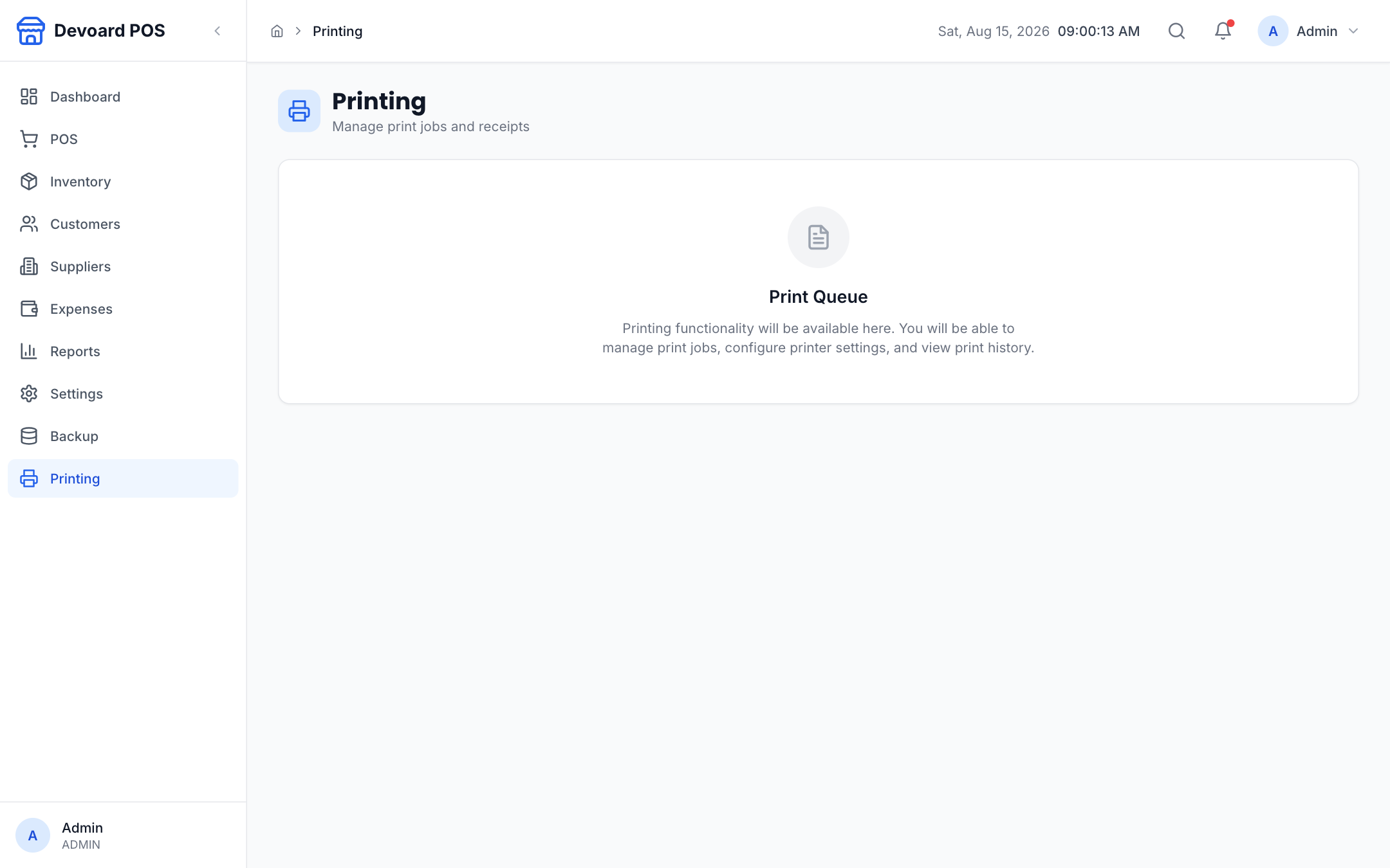 Devoard POS printing settings with printer type and paper size