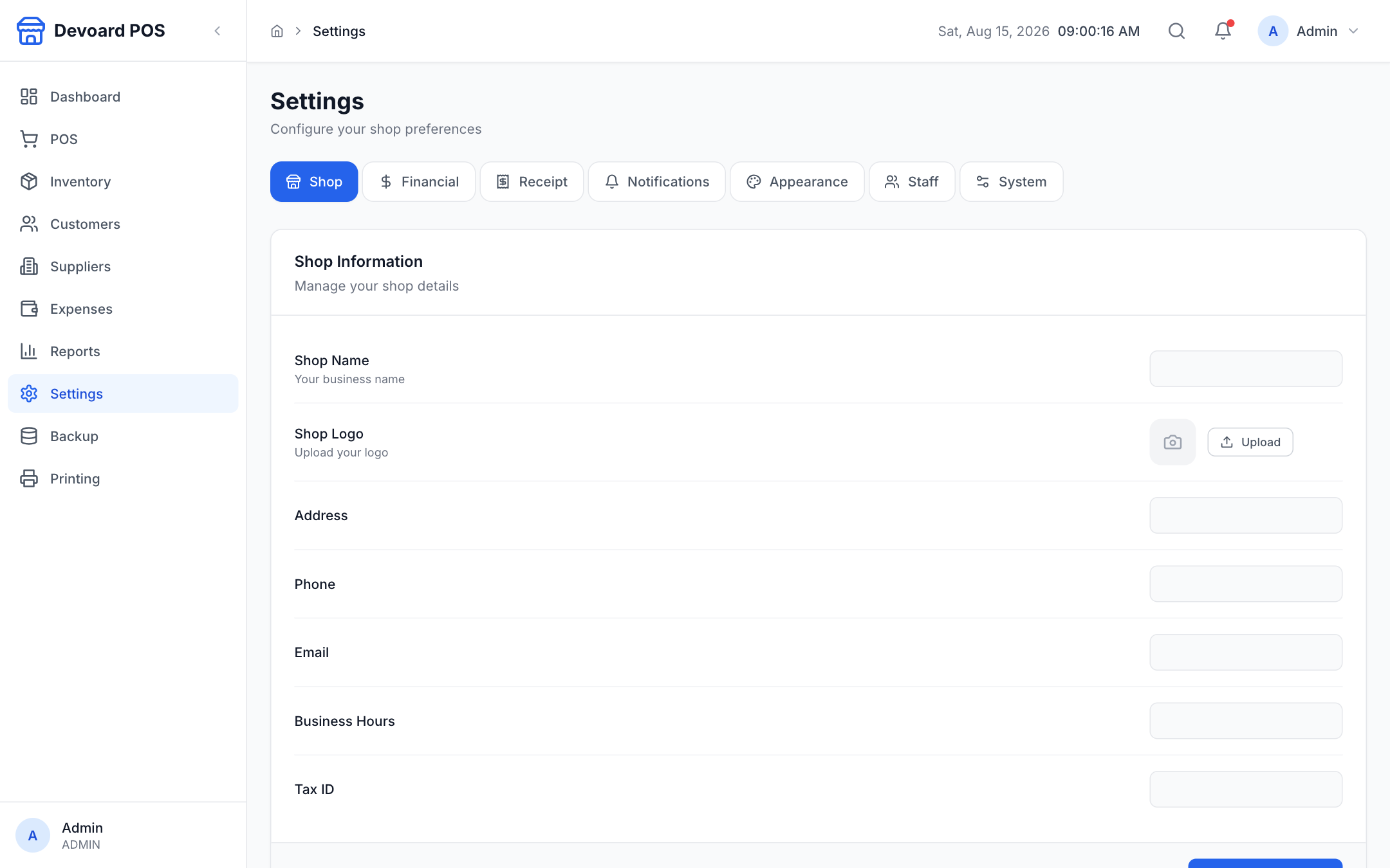 Devoard POS settings with tax, currency and system preferences