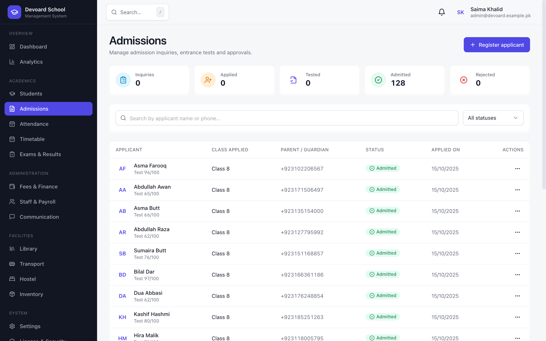 Devoard School admissions pipeline with applicant statuses