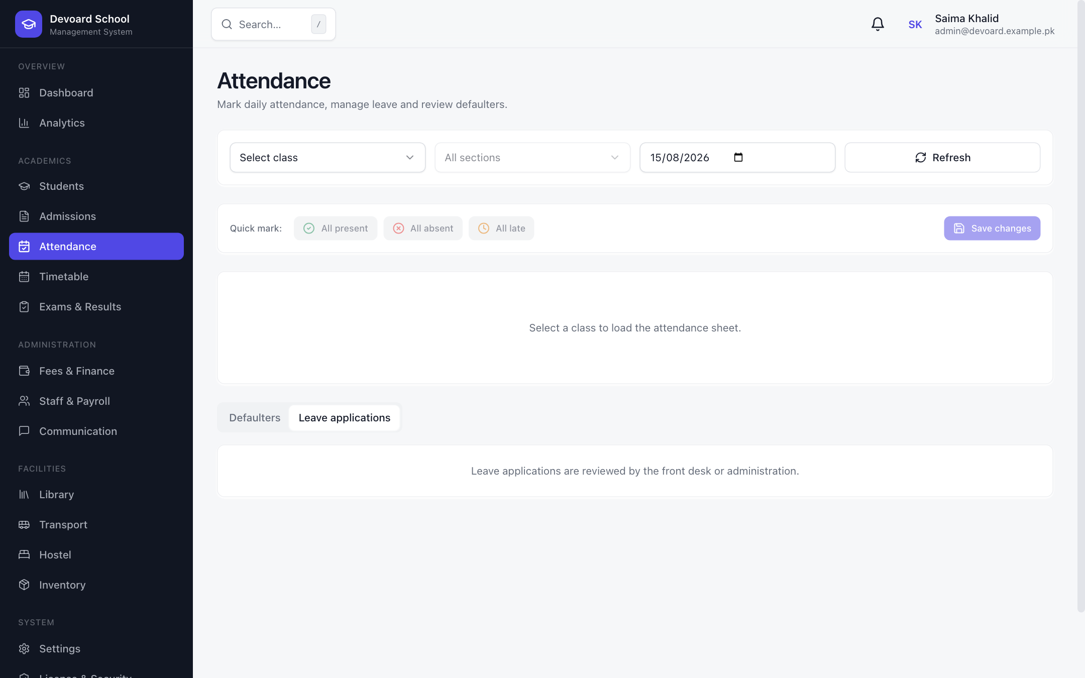 Devoard School leave application management