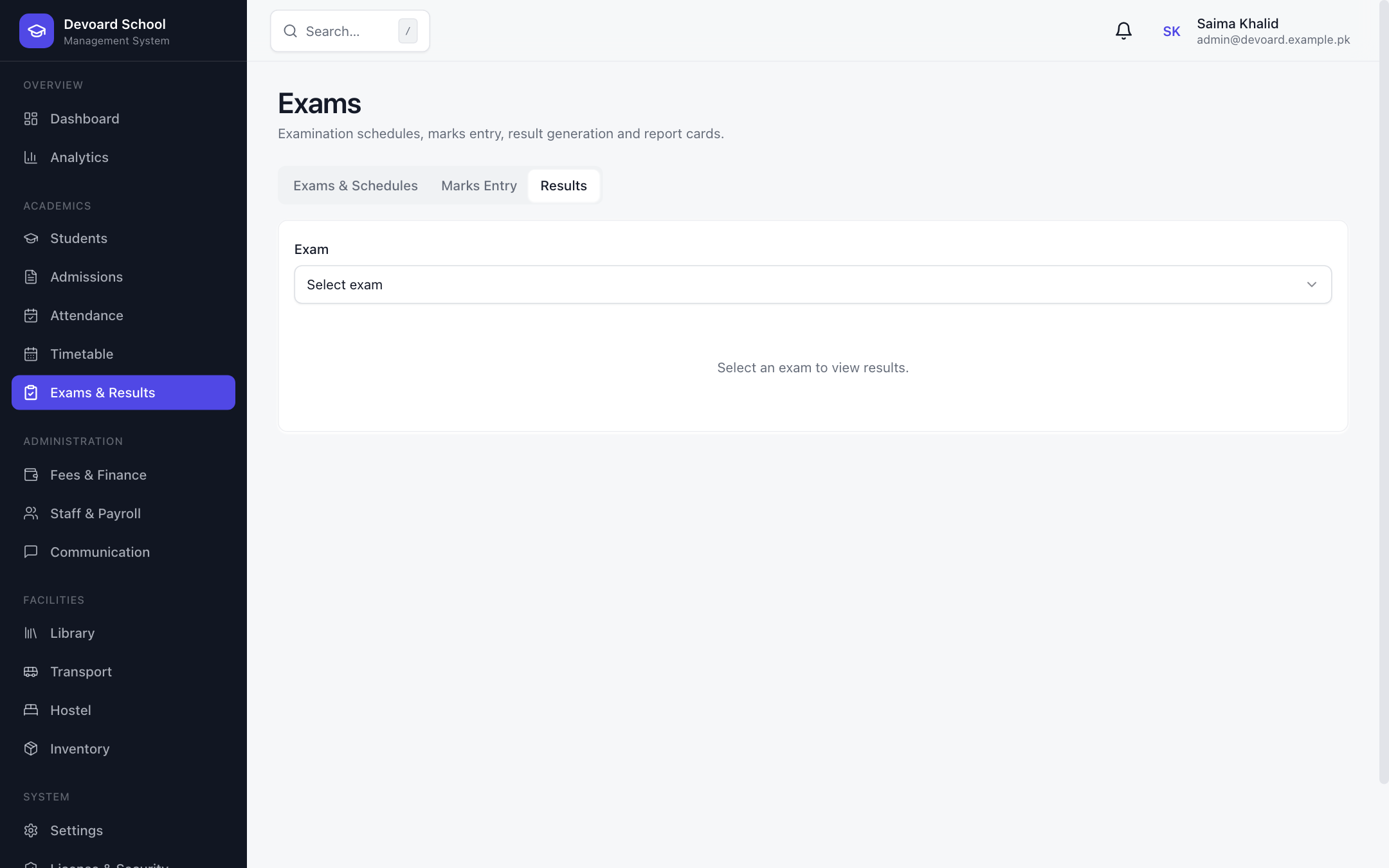 Devoard School results table with ranks and report card download