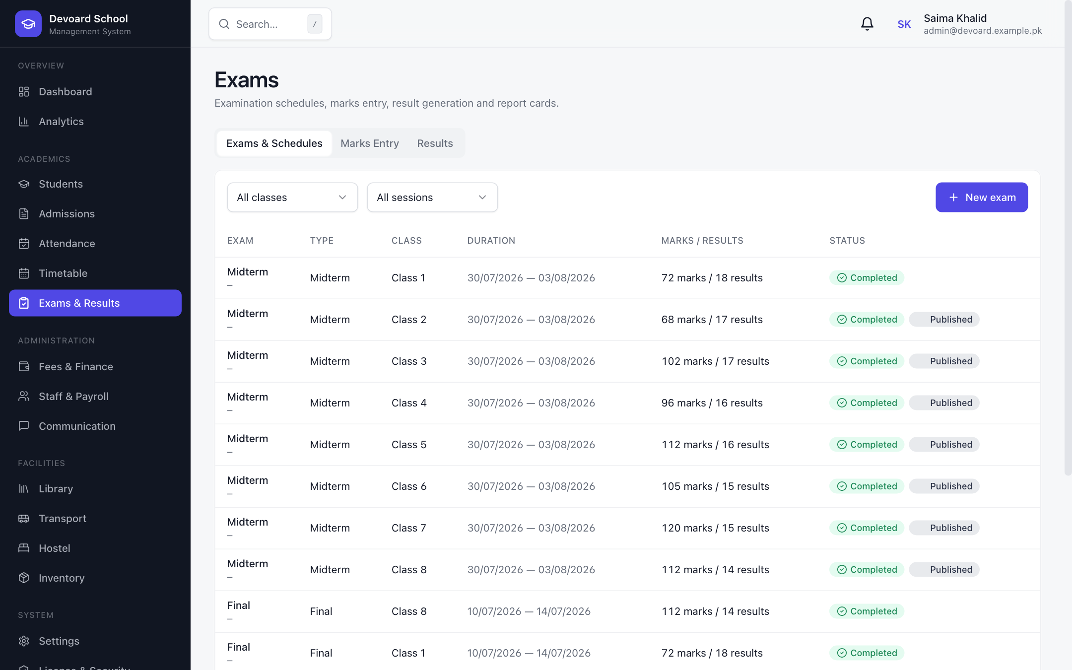 Devoard School exam schedules with status badges