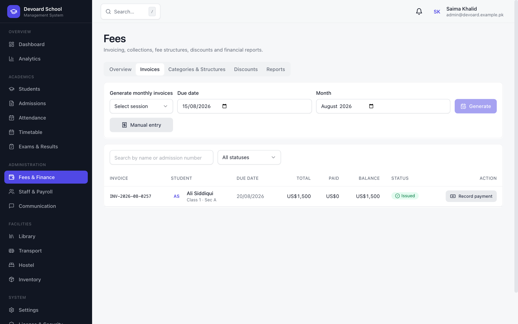 Devoard School invoice list with payment records