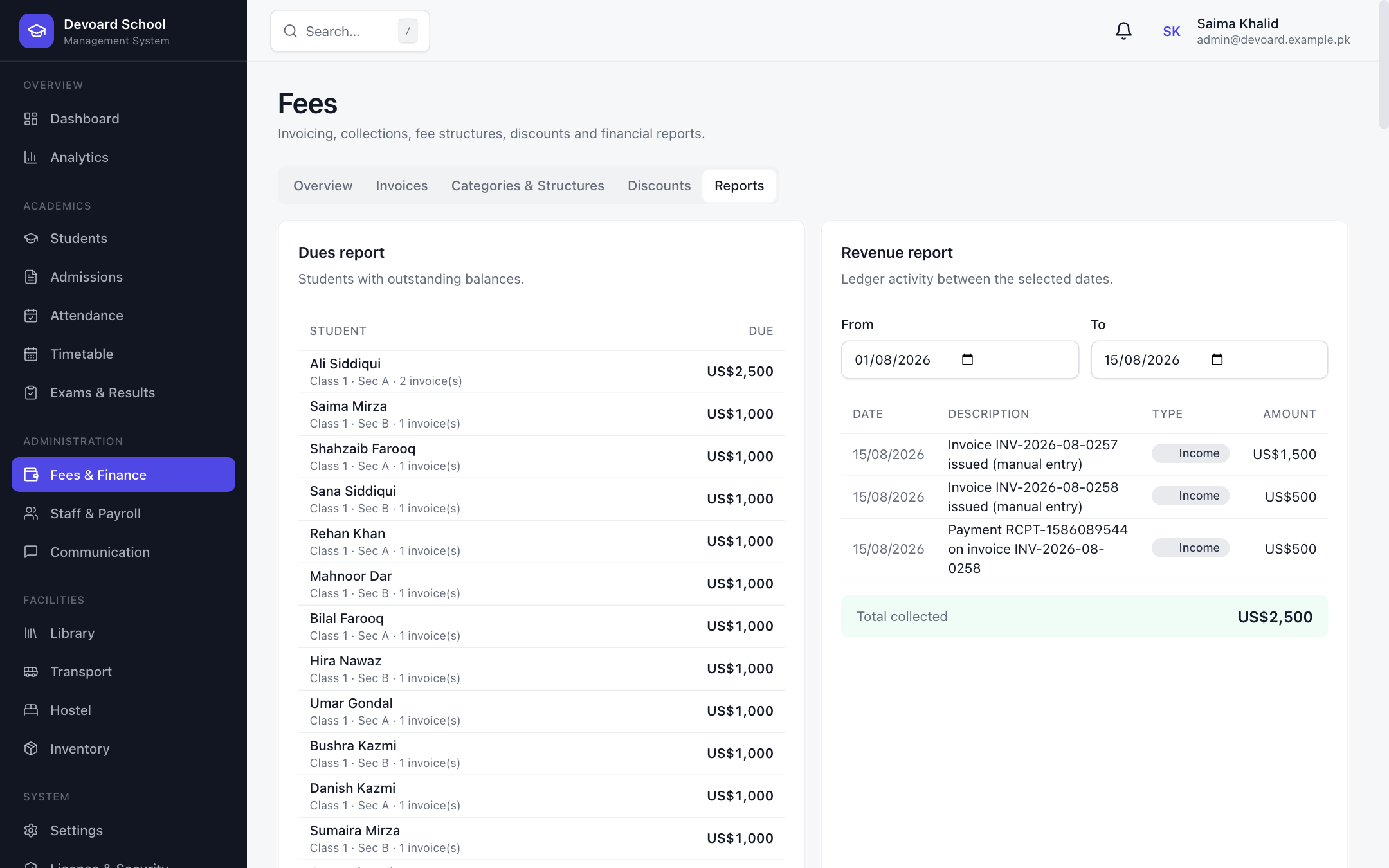 Devoard School fee reports with dues and revenue ledger