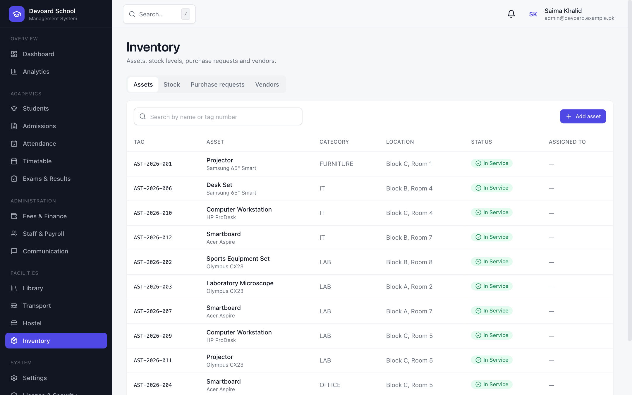Devoard School asset registry with categories and assignment