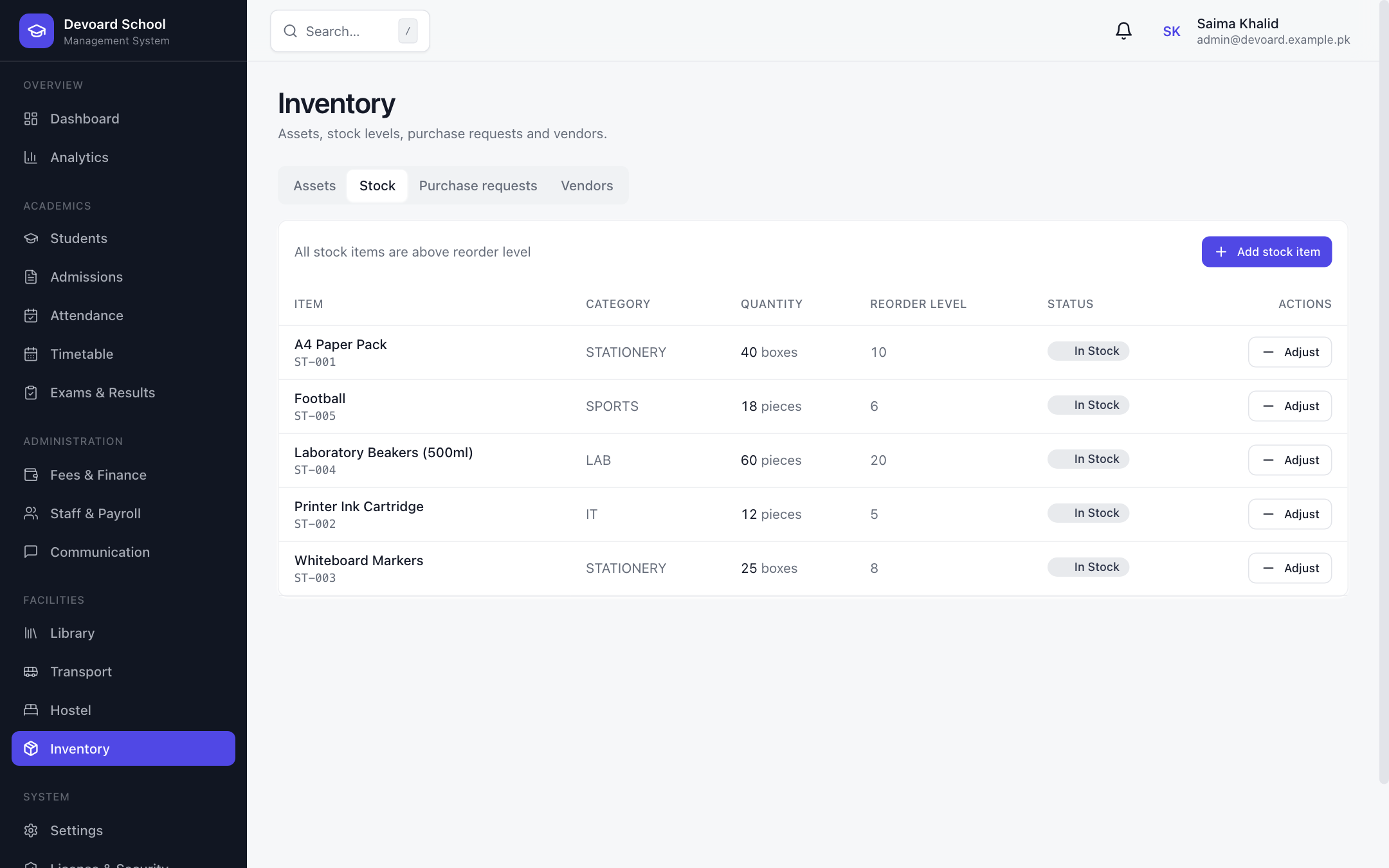 Devoard School stock levels with reorder alerts