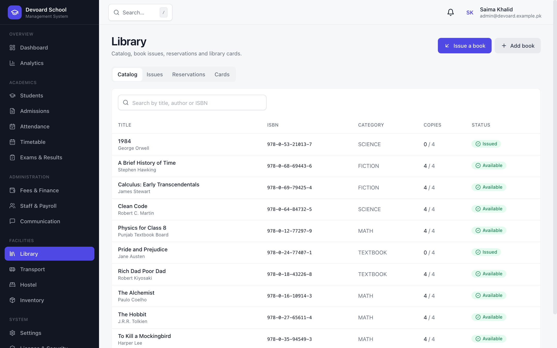 Devoard School library catalog with book availability