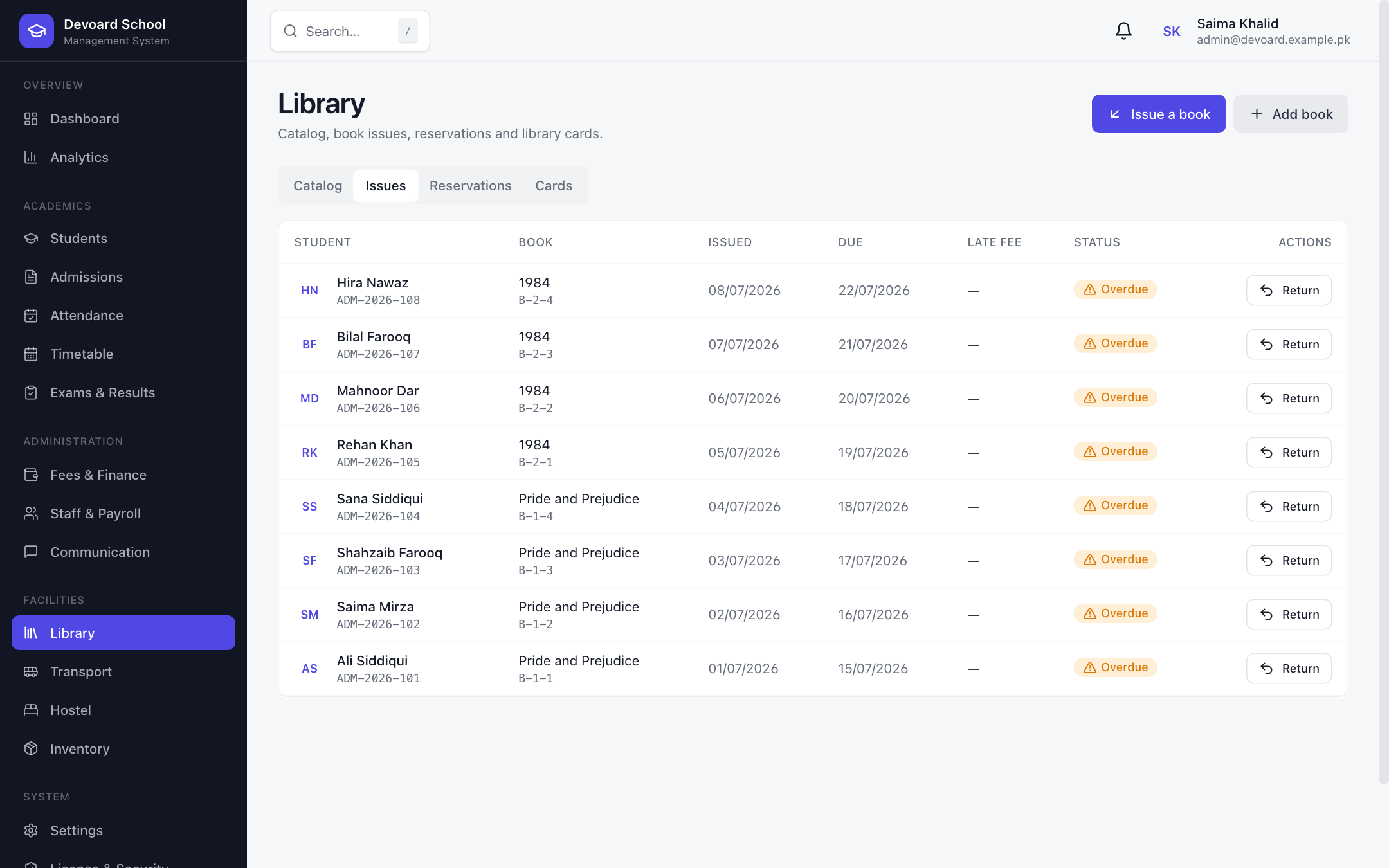 Devoard School library book issues with overdue status