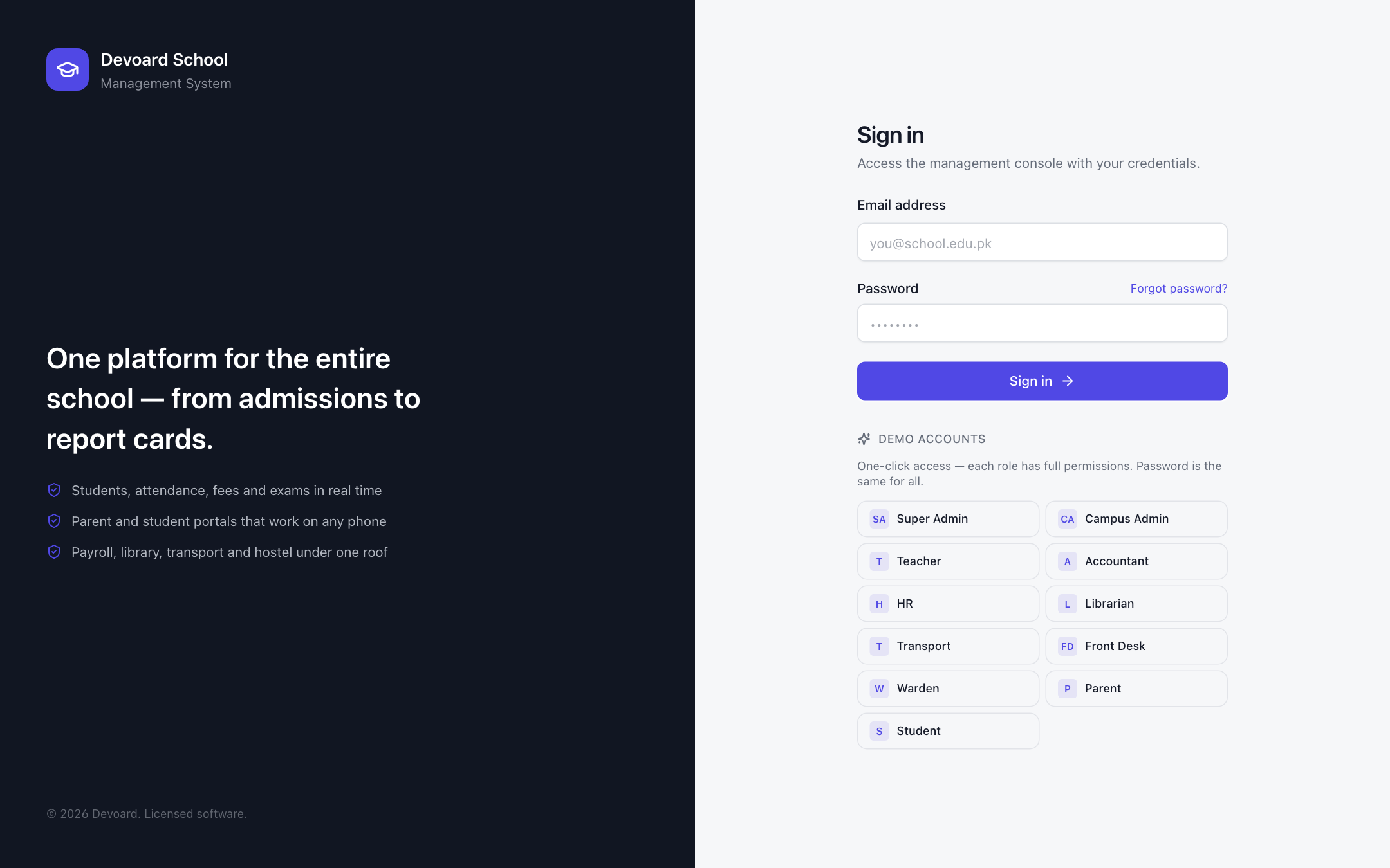 Devoard School login page with one-click demo accounts