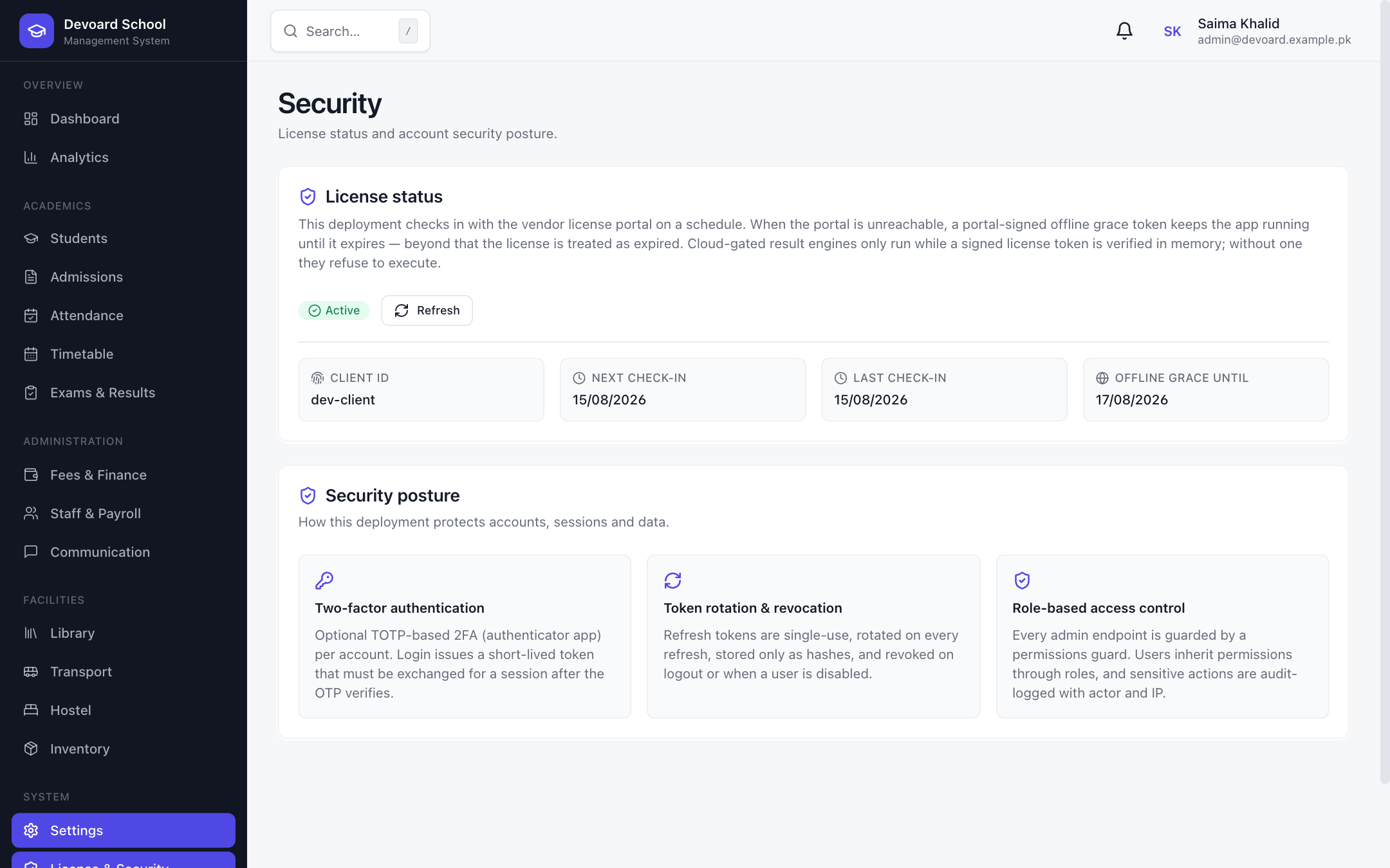 Devoard School license and security posture page