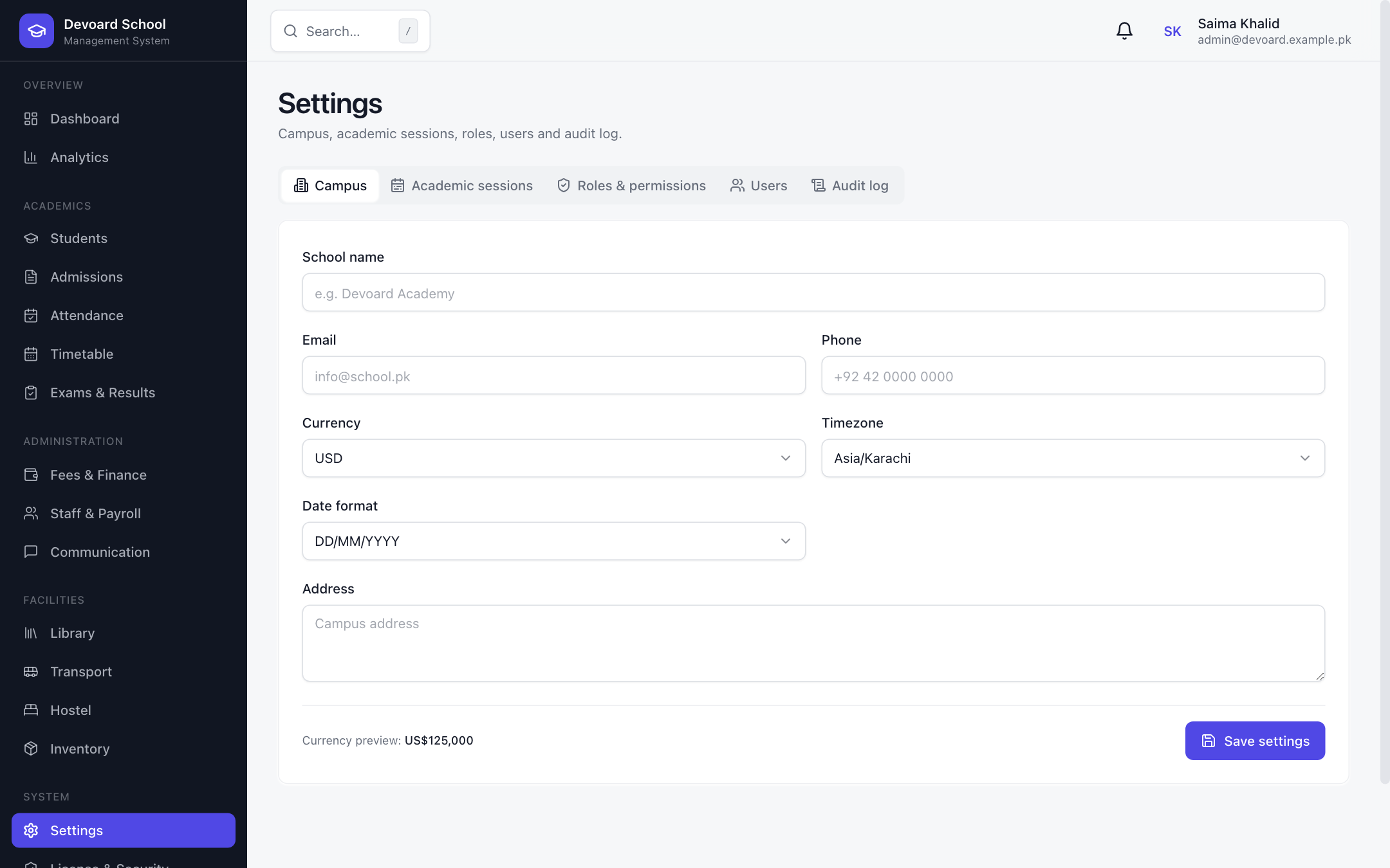 Devoard School campus settings with currency and timezone