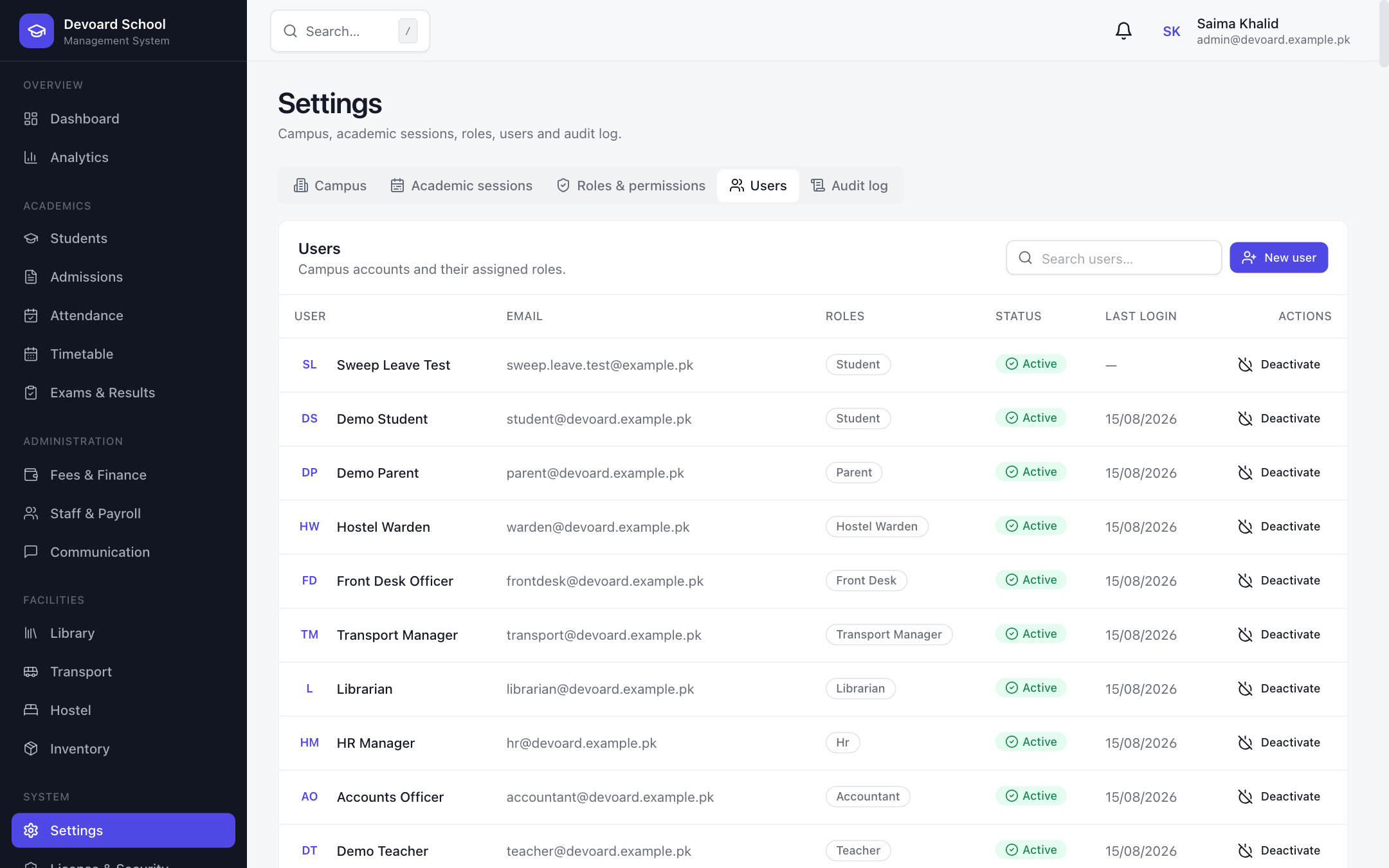 Devoard School user management with roles and status