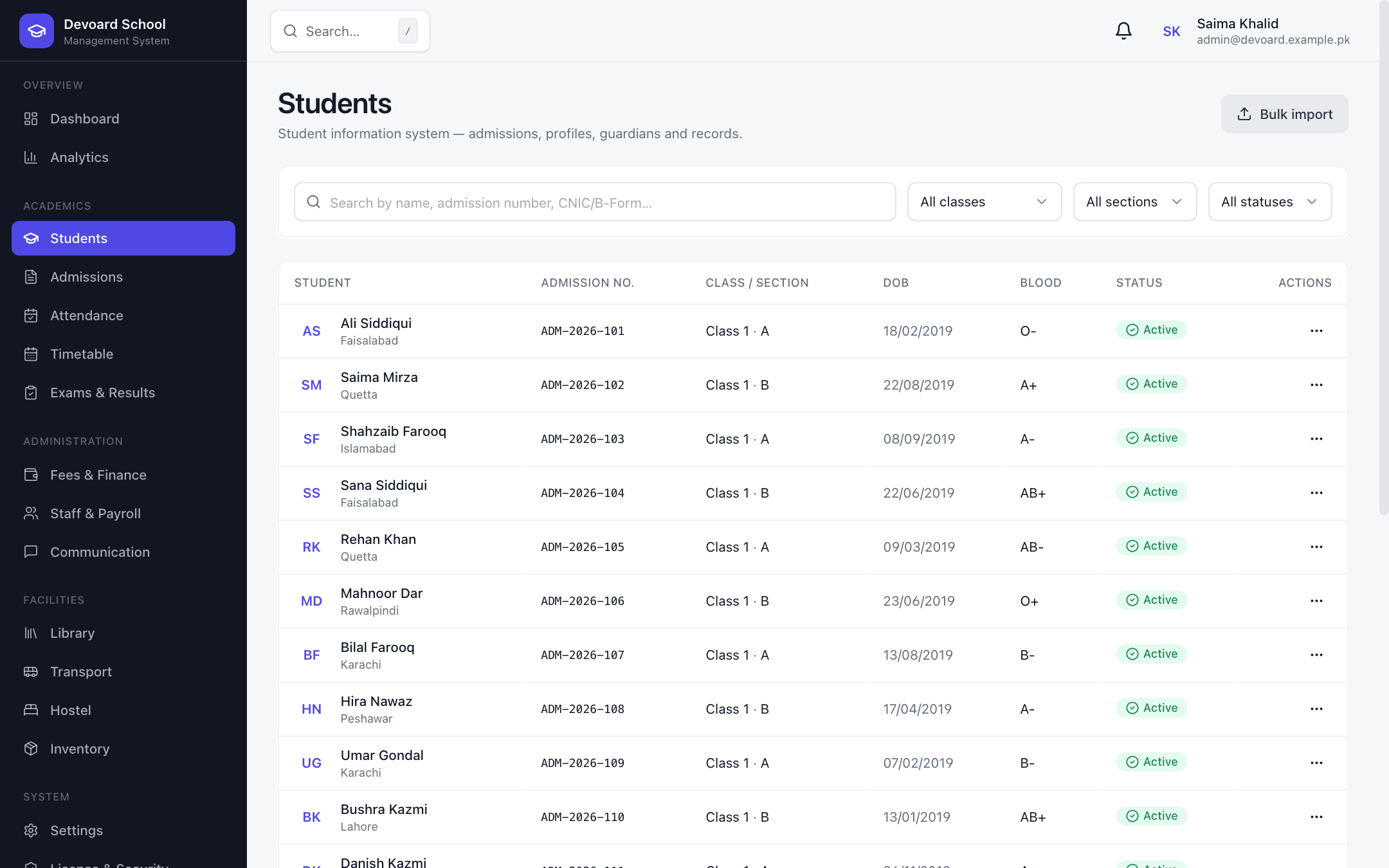 Devoard School student directory with filters and status badges