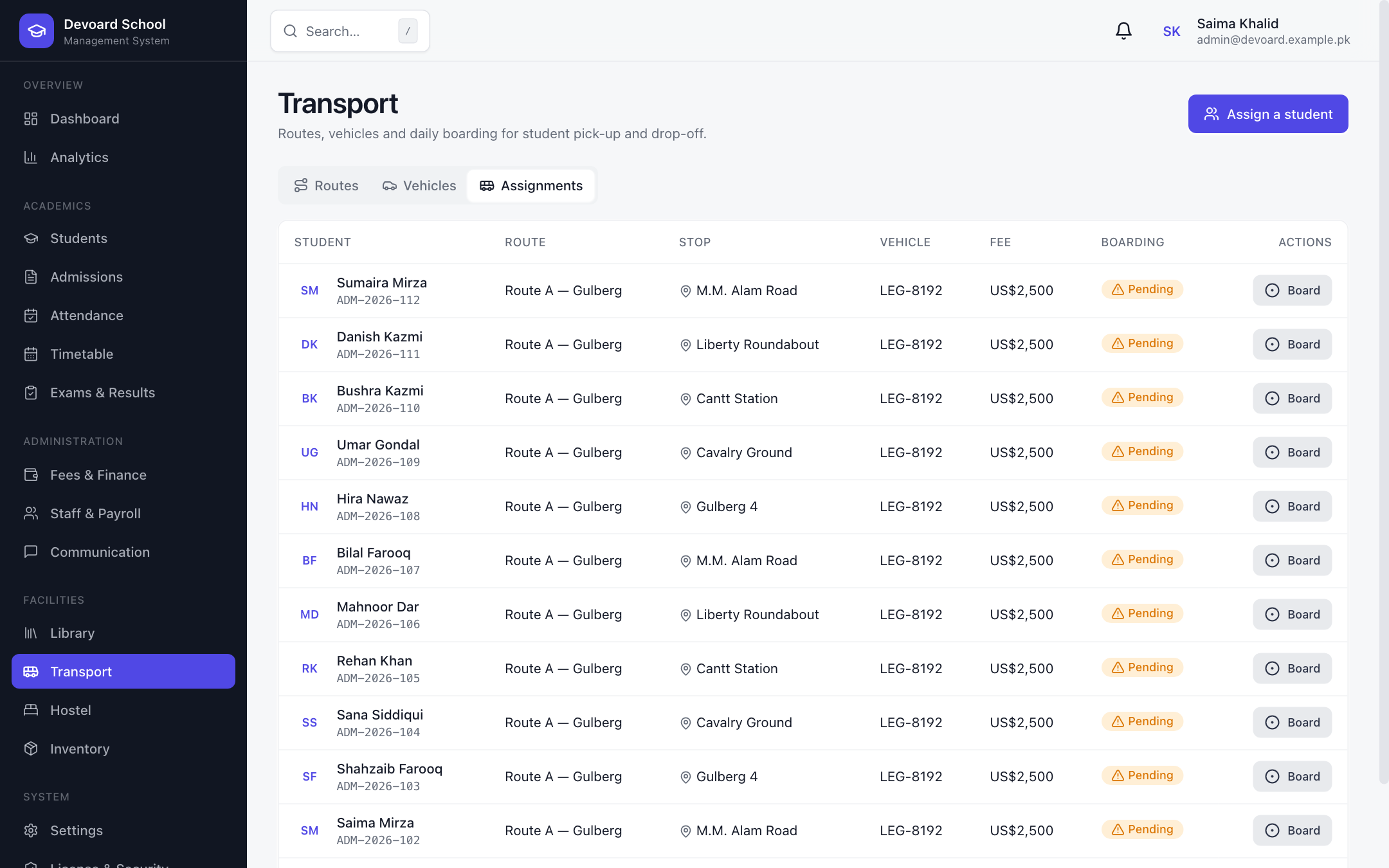 Devoard School student transport assignments and boarding