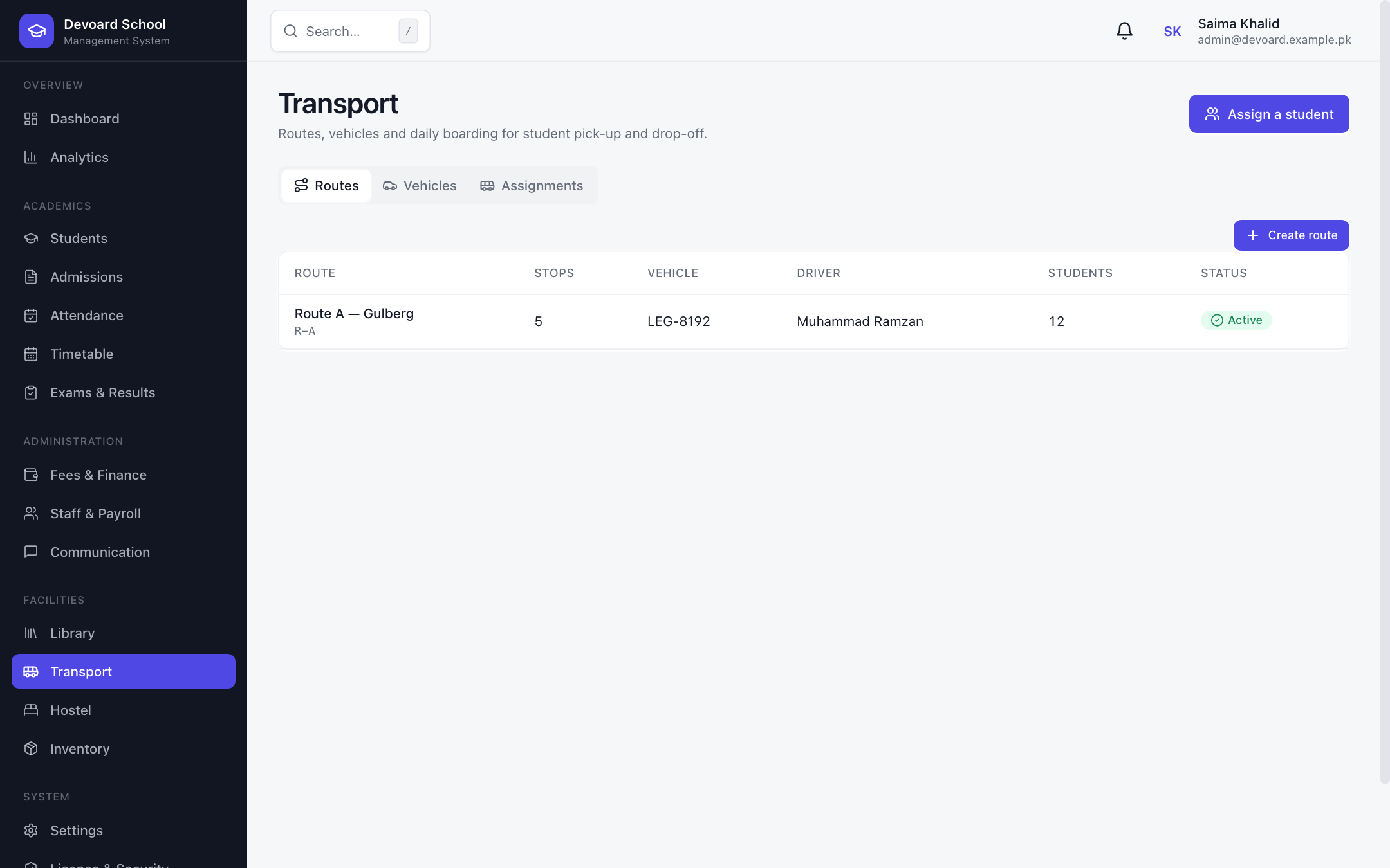 Devoard School transport routes with vehicles and drivers